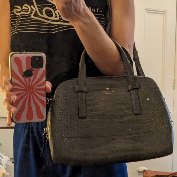 Kate Spade - Medium Grey Croc Embossed Leather Satchel w/ Gold Hardware - Picture 7 of 7